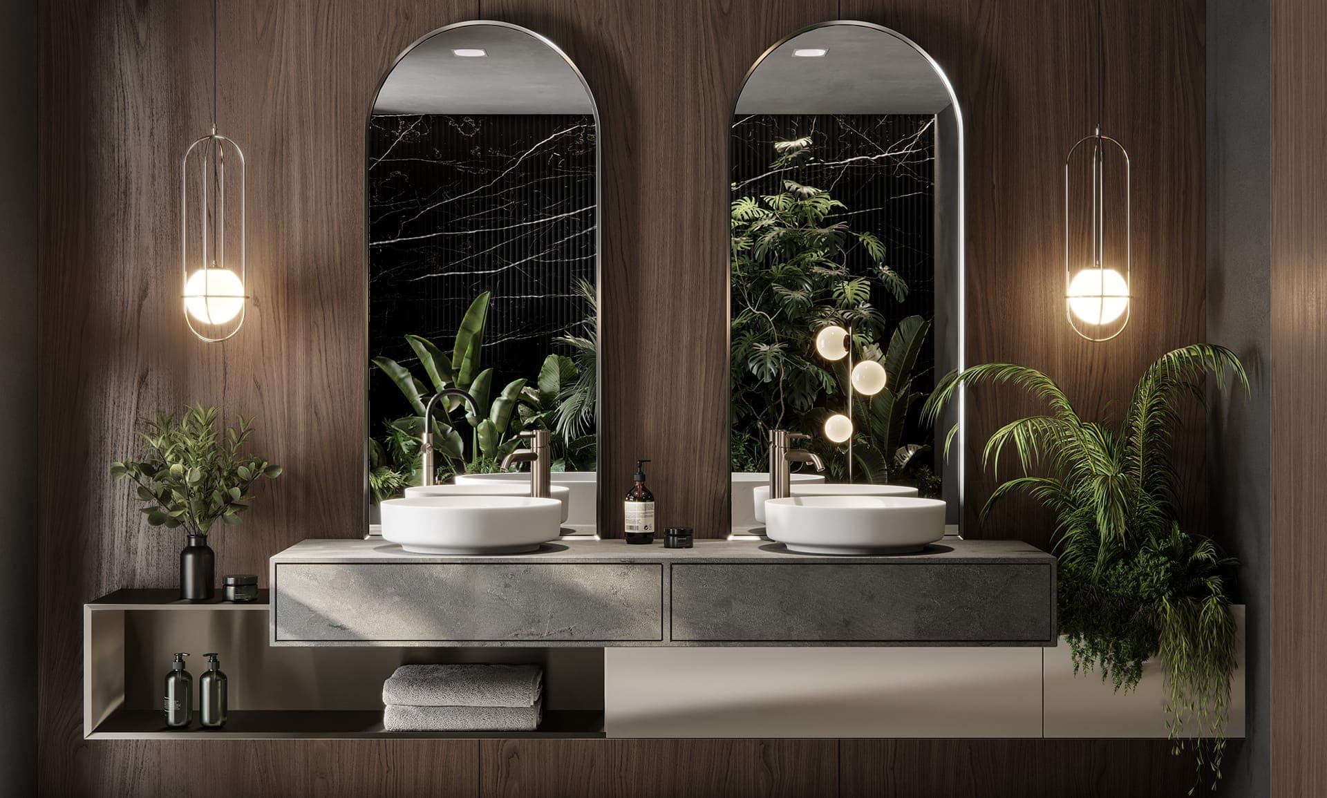 Design visual of a bathroom with twin arched mirrors above a stone vanity