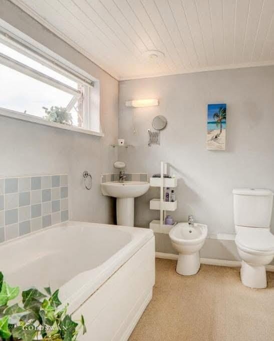 The bathroom before: a panelled bath under the window, a pedestal basin, a bidet and a WC, with carpet and a tongue and groove ceiling