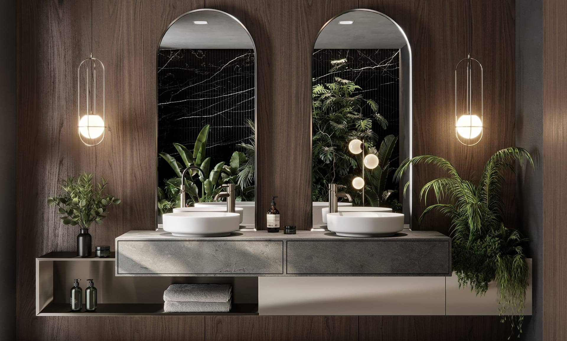 Design visual of a bathroom with twin arched mirrors above a stone vanity