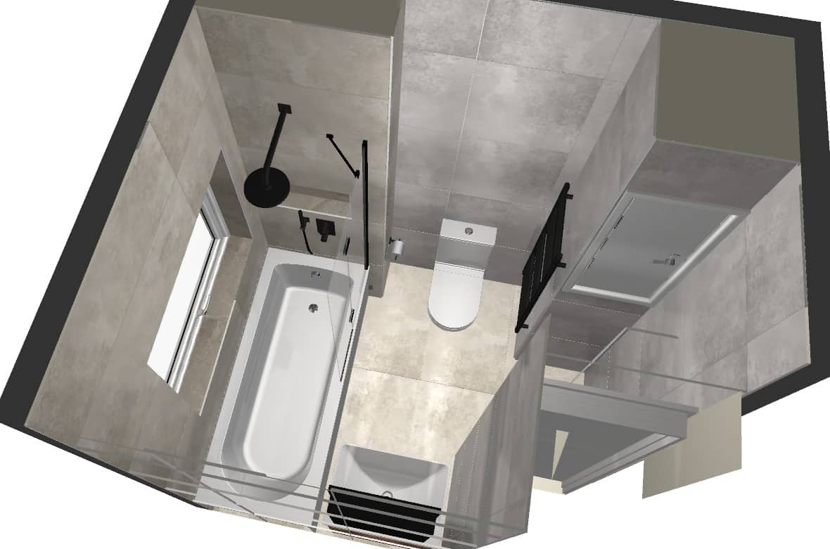 CAD design drawn in our Arnold showroom, showing the bath, WC and vanity layout of a Carlton bathroom before anything was ordered