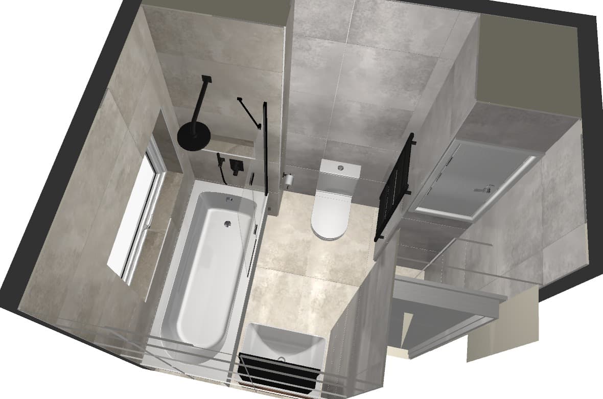 CAD design drawn in our Arnold showroom, showing the bath, WC and vanity layout of a Carlton bathroom before anything was ordered
