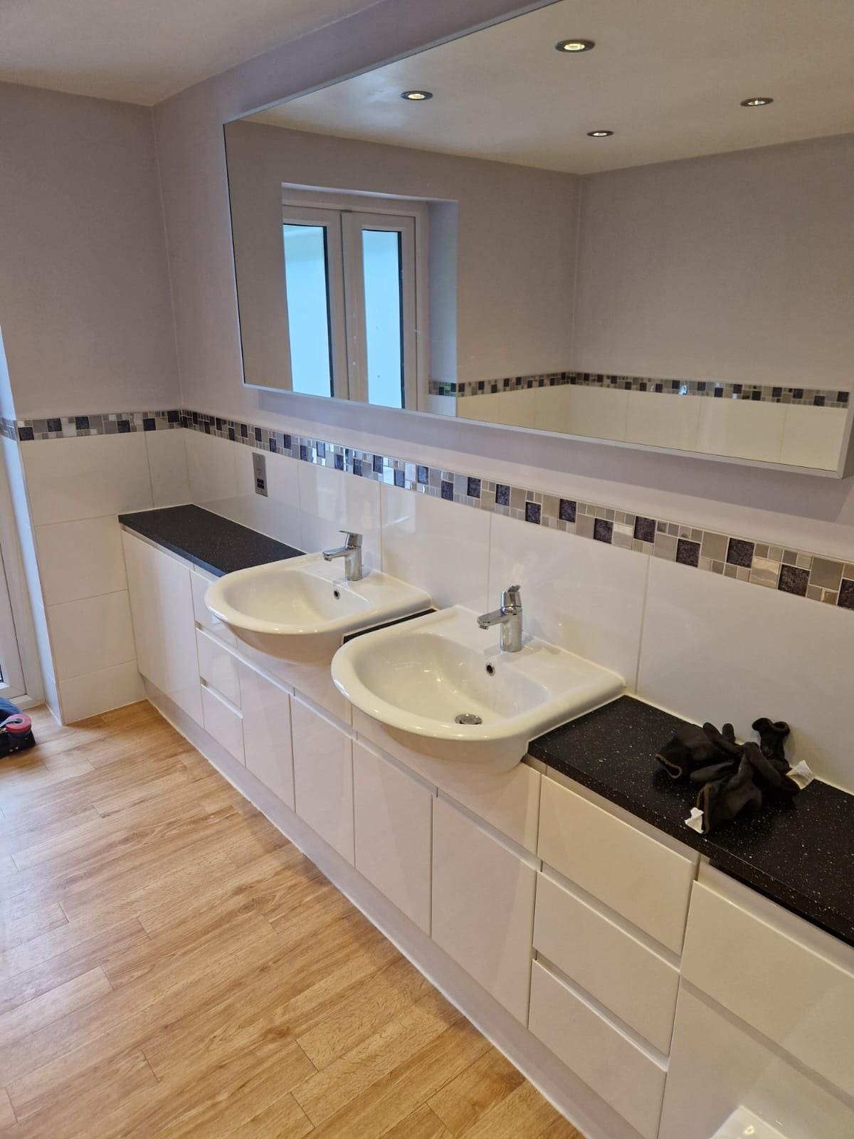 derby dual sink vanity mosaic tile border