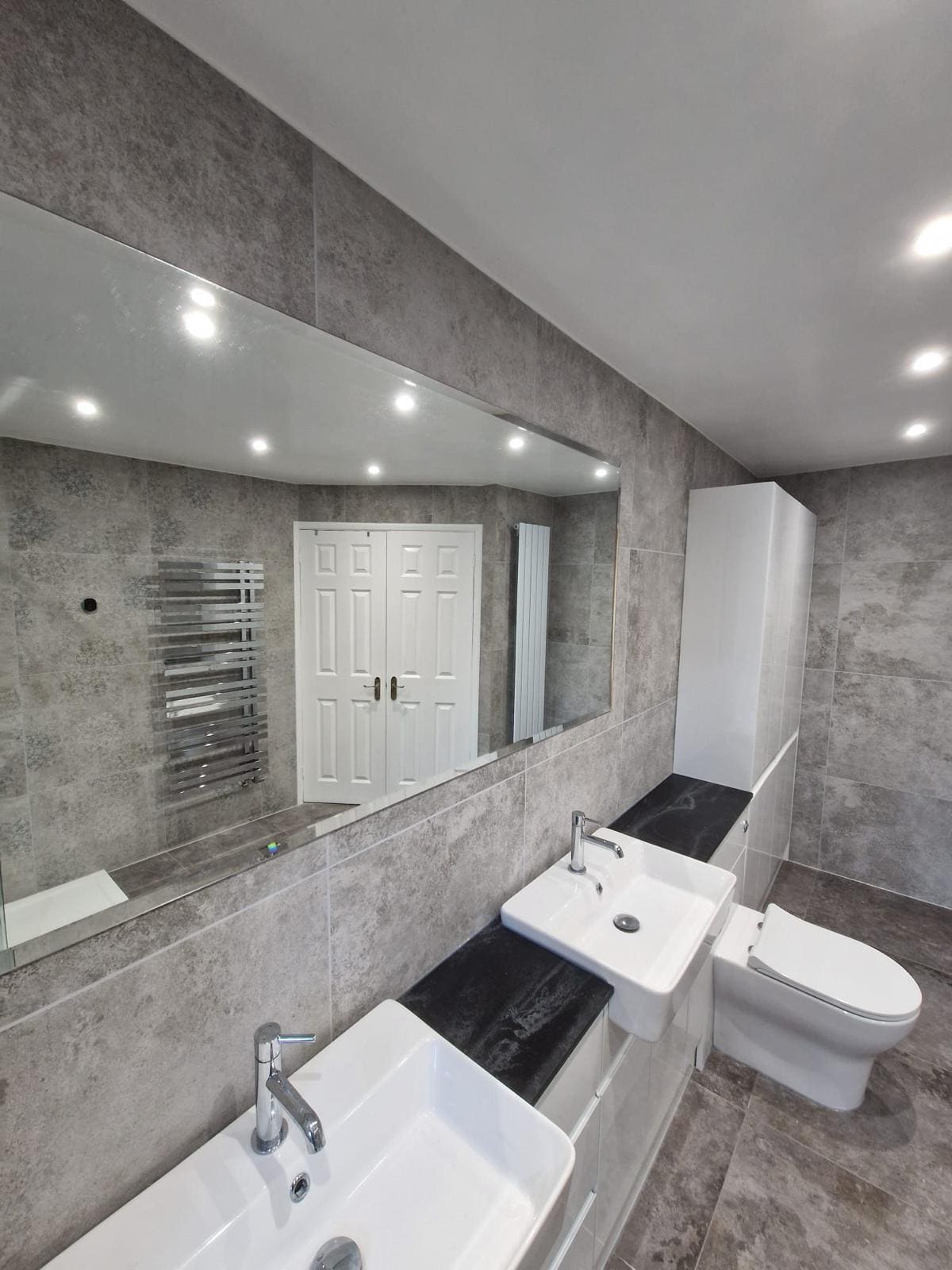 derby grey concrete tile dual sink vanity