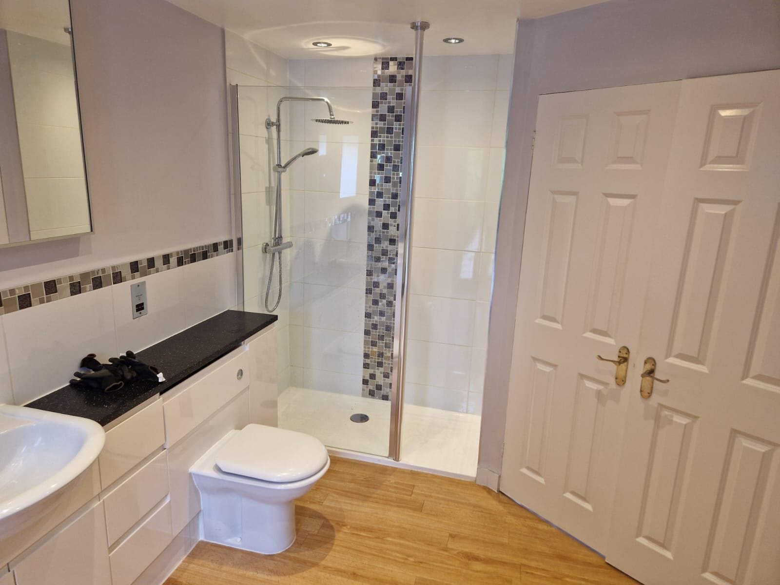 derby walk in shower black mosaic trim