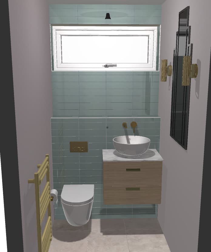 3D design of the same cloakroom with pale green tiles, a wall hung toilet with a brass flush plate, a wall hung wood vanity with a bowl basin and brass wall tap, and a tall mirror on the side wall
